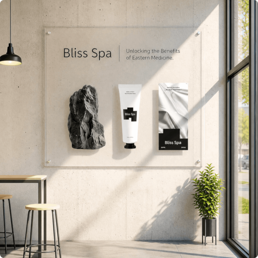 Indoor business sign and acrylic wall graphics in a Spa retail interior