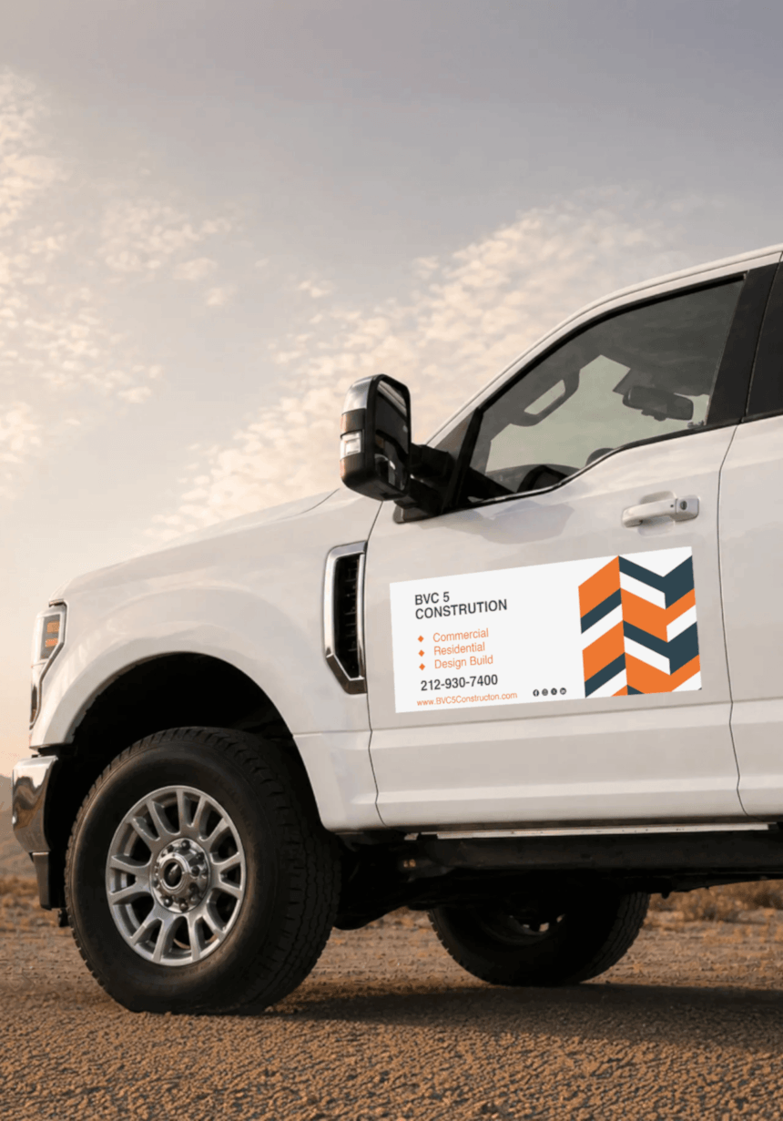 Reusable car magnet sign on a white pickup truck for Construction