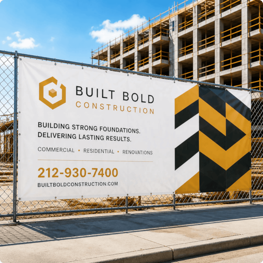 Custom vinyl construction banner installed on a job-site fence for Built Bold Construction