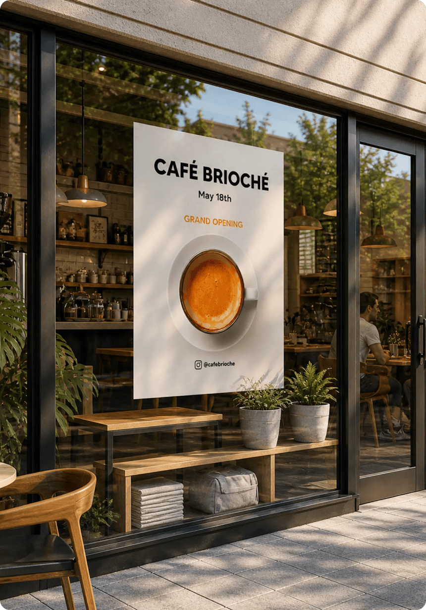 Custom window decal on a café storefront promoting Café Brioché's grand opening