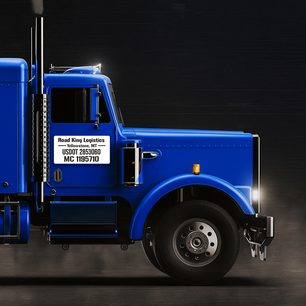 Blue semi truck with USDOT number lettering on the cab door